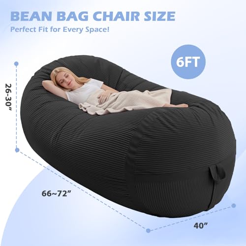 Image of 6FT Bean Bag Chair 6'Giant Bean Bag Chairs with Adults, Large Beanbag Chair | Bean bag Lounger with Machine Washable Cover Corduroy Fabric, Comfy Chairs for Living Room Bedroom Dorm, Black