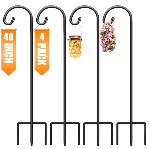 Image of Gtongoko 48 Inch Shepherd Hooks for Outdoor 4 Pack, Adjustable Garden Hooks for Hanging Plants, Lanterns, Solar Lights, Mason Jars & Wedding Decor, Matte Black Decorative Shepherd's Hooks