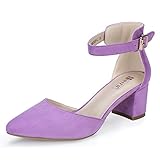 IDIFU Women's IN2 Pedazo Dress Shoes Low Block Heels Comfortable Chunky Closed Toe Ankle Strap Wedding Pumps(Lavender Suede, 7 B(M) US)