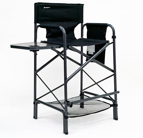 Earth Products Executive VIP Tall Directors Chair with Folding Side Table, Foldable, Zippered Carry Bag, 31' Seat Height, Lightweight, 375LBS Max Load (Black)