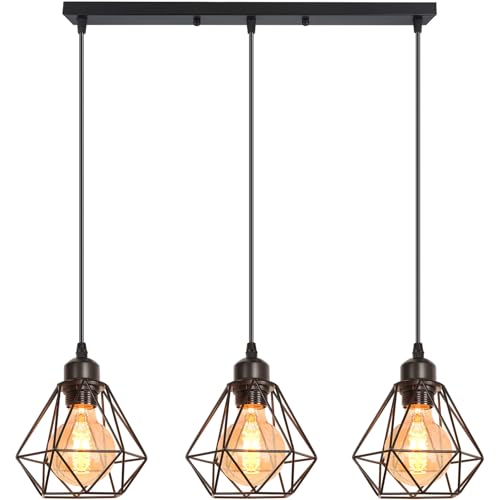iDEGU 3 Lampes Suspension Luminaire Industrielle Métal Lustre Plafonnier Style Cage Géométrique Éclairage E27 Lampe de Plafond Vintage pour Salon Cuisine...