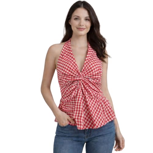 Image of Muhib Women's Halter Neck Sleeveless Cotton Top | Black & White Gingham Check Twist Front Summer Top | Stylish Casual Crop Blouse for Women