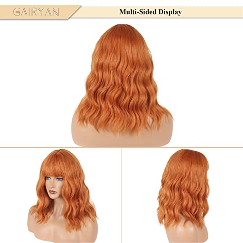 Gairyan Short Ginger Wigs for Women 14 inch Bob Wig with Bangs Natural Curly Wigs Wavy Hair Wig Shoulder Length Heat Resistant Synthetic Colorful Wigs for Cosplay Party Daily Wear - Image 2