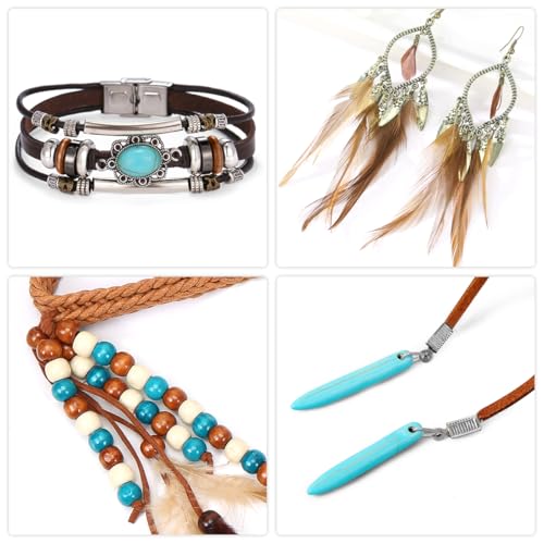 HUKUMA Boho-Kopfschmuck Damen, Hippie Schmuck Accessoires, Vintage Boho Stirnband mit Federn, Haarband Ohrringe Lederhalskette Leder-Armband,für Karneval, Fasching, Hippie Schmuck