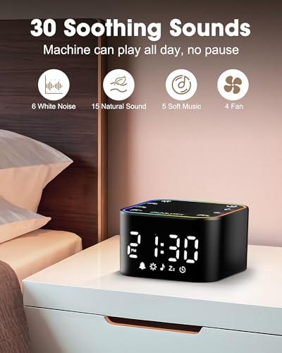 Alampan White Noise Sound Machine with Alarm Clock, 30 Soothing Sounds, Noise Machine for Sleeping, RGB Night Light, Digital Clock, Adults, for Bedside, Nightstand, Including Fan, Rain, Bird, Ocean - Image 3