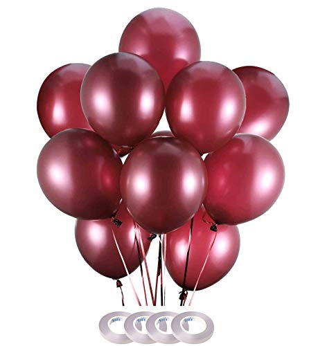 Image of AMFIN (Pack of 100) Burgandy Metallic Balloons with Matching Curling Ribbon for Birthday Decoration, Happy Birthday Balloons Decoration, Metallic Balloon Party Balloon,- Burgandy
