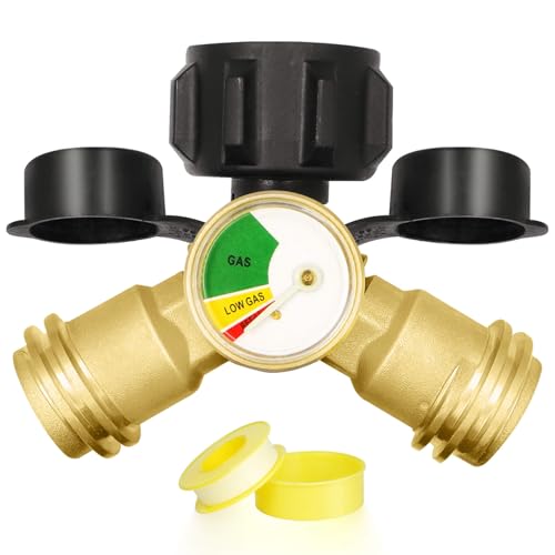 Propane Tank Splitter with Gauge Propane Splitter 2 Way for 5-40lb Tank Propane Y Splitter Adapter for Camping Stoves Heater BBQ Grills - Solid Brass Auto Shut Off