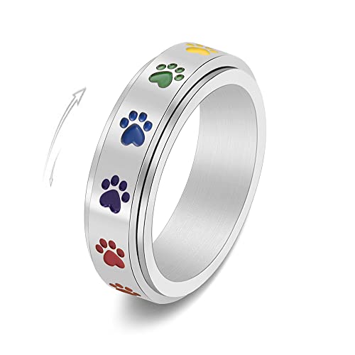 Stainless Steel Paw Print Spinner Ring for Anxiety Fidget Rings Relieving Stress Rotate Freely Cute Animal Enameled Engagement Wedding Band Jewelry Gift for Women Men Birthday Christmas Anniversary