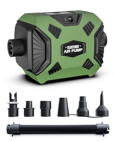 Puligoth Electric Air Pump for Inflatables: Powerful AC 120V Air Mattress Pump with 5 Nozzles and Hose, Fast Inflation & Deflation for Gymnastics Track Mat, Pool Float, Raft (600W, Green)