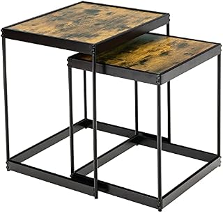 CASART Set of 2 Nesting Tables, Industrial Stacking Sofa Side Tables, Wooden Top & Steel Frame, Square Corner End Desk for Living Room Bedroom Office