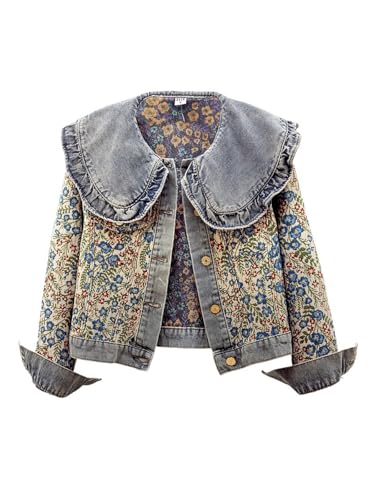 Xaspee Womens Peter Pan Collar Cropped Jean Jacket Embroidered Jacquard Long Sleeve Casual Floral Denim Jackets Coat Blue Large