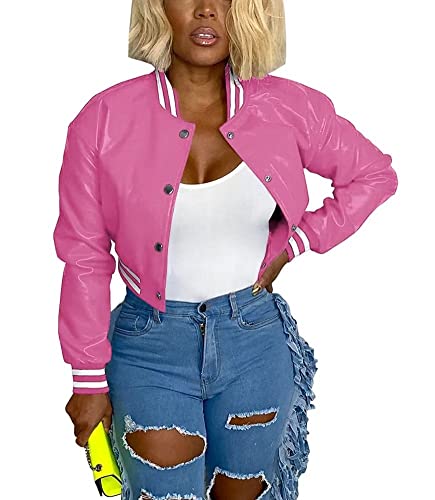 Image of Mintsnow Womens Varsity Jacket Long Sleeve Button Down Bomber Jackets Casual Baseball Uniform Streetwear