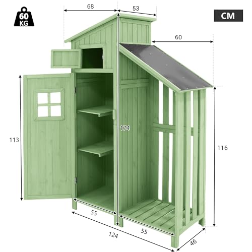 Gegtuon Gerätehaus mit Satteldach, Geräteschuppen Gartenhaus Gartenschrank aus Holz mit Fenster Türen & Stauraum Ablagen, Wetterfest Outdoor Schuppen für Garten Terrasse, 124x53cm (LxB), Grün A
