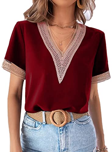 MEDUOLA Mujer Blusa Manga Corta de Cuello en V Camisa de Encaje con Aberturas Shirt Informal Gasa de Color Sólido XXL,Rojo Cover