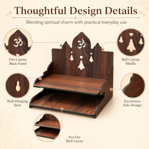 Image of The Castle Decor Wooden Mandir for Home, Wall Hanging & Tabletop Pooja Temple with 2-Tier Storage Shelf, Om & Bell Cutwork, MDF Mandir for Pooja Room, Office & Hostel, 11 x 11 x 10 Inch (Design-4)