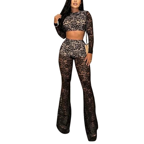 Mandonce Outfit for Women 2 Piece Sets Long Sleeve Round Neck Printed Crop Tops and Lined High...