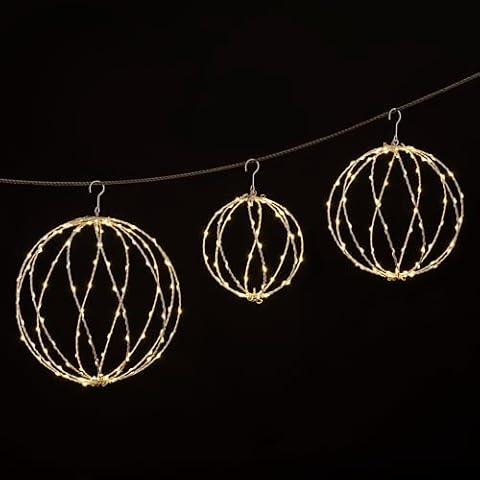 Setof 3 Christmas Ball Light Sphere, 12IN 16IN and 20IN Hanging Tree Light and Pathway Lights with Hook, Foldable Metal Frame Light Ball for Outdoor Garden, White Frame, Warm White (White) Cover