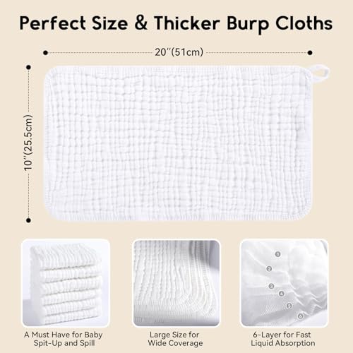 Image of Unnivoll Muslin Burp Cloths for Baby 100% Cotton Burping Cloths for Boys Girls Large 20''X10'' Extra Soft and Absorbent 12 Pack - White