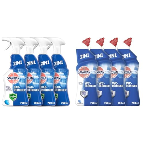 Sagrotan Bad-Reiniger Ozeanfrische – 2in1 Desinfektionsreiniger für Hygiene im Bad – 4 x 750 ml Sprühflasche + WC-Reiniger Ozeanfrische – 2in1 Reinigung mit Antischmutzfilm für WC-Frische – 4 x 750 ml