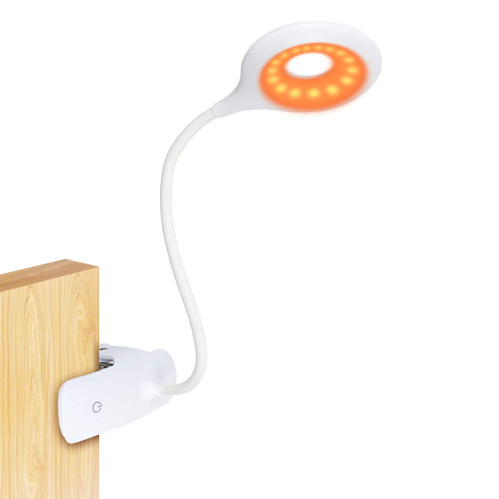 Clip-on Reading Light for Bed - Amber Book Read Light Rechargeable 5 Brightness Desk Light Clamp Lamp, Touch Control Dimmable Lamp with Flexible Neck, Gentle Night Light(White)