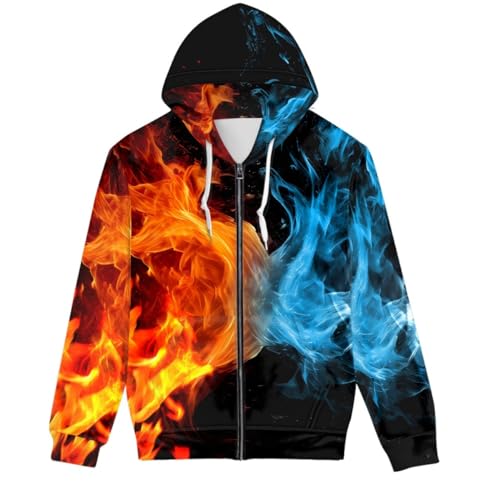 GLUDEAR Herren-Kapuzenpullover, Übergröße, 3D-Druck, mit durchgehendem Reißverschluss, Grafikdruck, Kapuzenpullover, Sweatshirt, fire, Medium