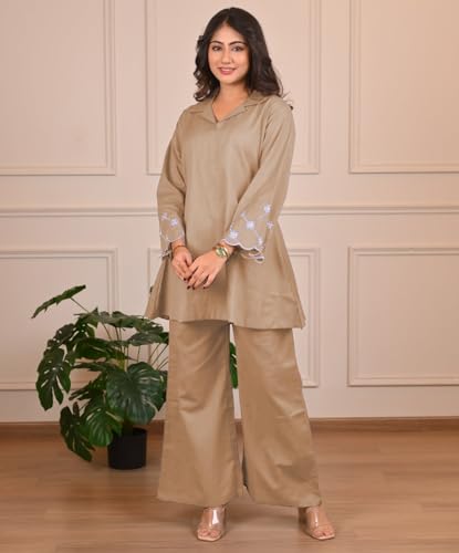 Image of SHIENZY Women Rayon Embrioded Co Ord Set | Stylish V Neck Co-Ord Set for Women | Straight Kurta & Plazzo | Short Kurti and Pant | Party & Ethnic Wear | Traditional & Casual Kurti Set
