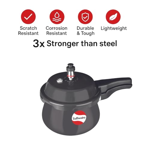 Image of TUFFWARE Hard Anodised 2 Litre Outer Lid Handi Shape Pressure Cooker | 4mm Thick Base | Non Reactive, Non Toxic & Non Staining Food Grade | Long Lasting Gasket | BIS & ISI Certified | 5 Year Warranty