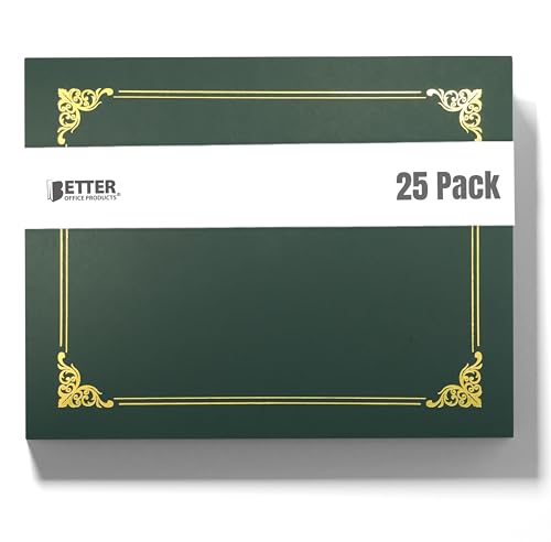 Better Office Products 25 Pack Green Certificate Holders, Diploma Holders, Document Covers with Gold Foil Border, for Letter Size Paper, 25 Count, Hunter Green
