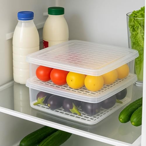 Image of Sulfar Fridge Storage Boxes Fridge Organizer with Removable Drain Plate Tray, Storage Container (Pack of 3)