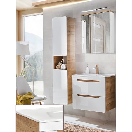 Lomadox Komplett Badezimmer Set in Hochglanz weiß mit Wotan Eiche Nb., 61 cm Keramik-Waschtisch mit Unterschrank, LED-Spiegelschrank & Hochschrank
