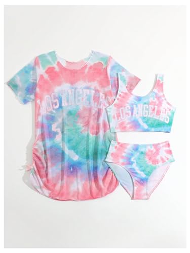 Milumia Conjunto de biquíni tie dye feminino de 3 peças com saída de malha, Multicor, 12 Anos