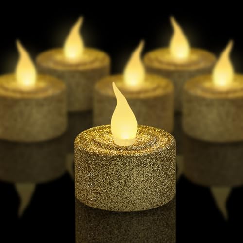 Image of FURORA LIGHTING Gold Glitter Flameless Tealights - 1.45 inch W x 1.57 inch H, 12-Pack, Batteries Included