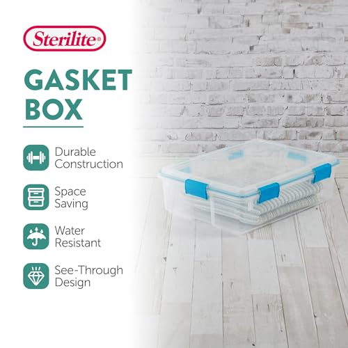 Image of Sterilite Gasket Storage Box with Lids for Home & Office, 37 Quart, 16-Pack | Heavy-Duty, Stackable, and Organizing Containers for Bathroom, Cabinet, Closet, and Garage, Clear and Blue Aquarium Latches