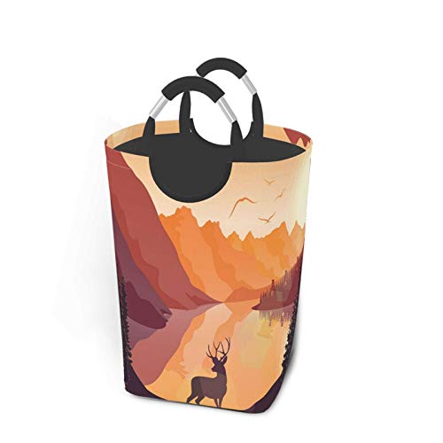 Wäschesack,Rentier See Berge Vögel Dämmerung Reflexionen Drucken,Großer faltbarer Wäschekorb,zusammenklappbarer Wäschekorb,zusammenklappbarer
