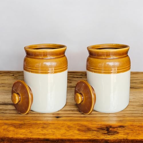 Image of Ceramic Achaar Jar Set - 2 Kg (2000 ml) x 2 - Martban Pickle Container - Kitchen Storage for Pickle, Chutneys and Sauces - Durable, and Easy to Clean (Pack of 2) (2 Kg Brown Jar Set)