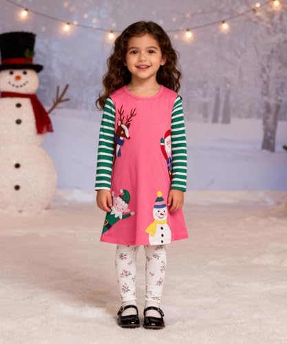 Image of Hongshilian Toddler Girls Longsleeve Dress Cotton Jersey Casual Dresses Cartoon Applique