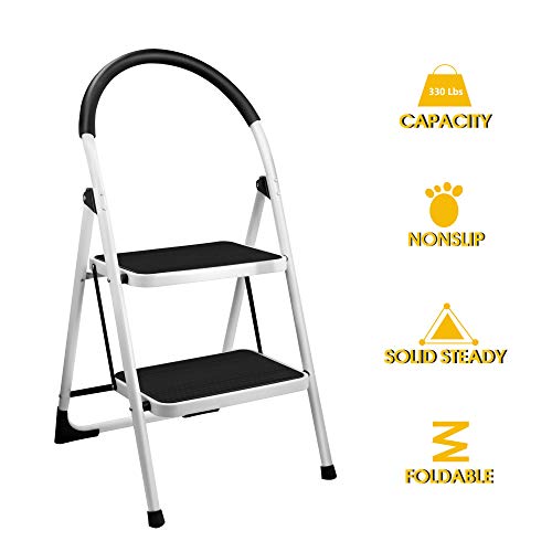 2 Step Stool, Gimify Folding Step Ladder Steel Stepladders (Upgraded Version) Non-Slip Sturdy Steps Wide Pedal with Comfortable Hand Grip for Home Kitchen Garden Office 330 lbs