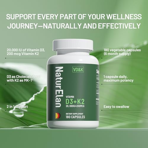 Image of Vitamin D3 K2 - 20,000 IU D3 + 200mcg K2(MK-7), 180 Capsules, Gluten Free | Supports Bone, Immune, Heart & Teeth Health, Non-GMO,Vegan, Third-Party Tested, K2 D3 Vitamin Supplement for Men & Women