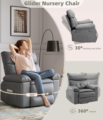 Image of GarveeHome Oversized Leather Recliner Chair - Heat and Massage, Swivel Rocker Manual Recliner for Adults, Lazy Rocking Chair with Comfort Arms and Back Single Sofa for Living Room