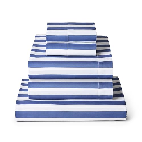Image of Mellanni Split King Sheets Set - 5 PC Iconic Collection Bedding | Hotel Luxury, Extra Soft, Cooling Bed Sheets - Wrinkle, Fade, Stain Resistant (Split King, Oxford Stripe Blue Nova)