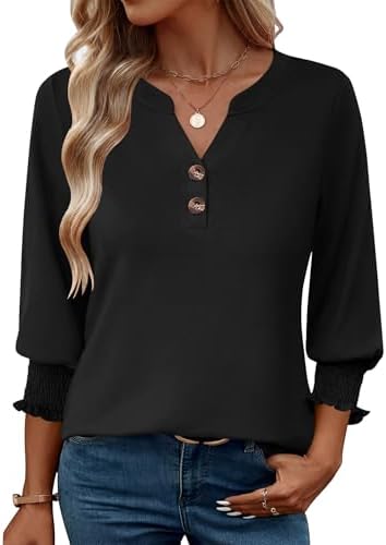 Rapbin Damen Bluse 3/4 Arm V-Ausschnitt Oberteile Knopfleiste Tunika Elegant Lässig Business Blusen Sommer Tops