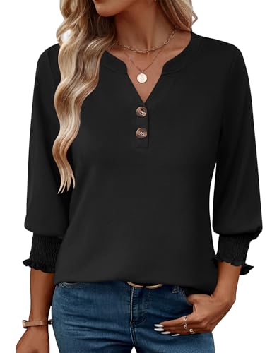 Rapbin Damen Bluse 3/4 Arm V-Ausschnitt Oberteile Knopfleiste Tunika Elegant Lässig Business Blusen Sommer Tops