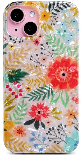 Qokey Floral Cover for iPhone 15 Plus/14 Plus - Clear Red Green, 6.7"