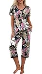 PrinStory Women Pyjamas Set Pjs For Women Sets Short Sleeve Shirt And Capri Pants Loungewear Sets Ladies Sleepwear Nightwear With Pocketsfloral Print (Big Leaf Pink Flowers, XXL)