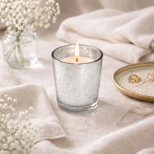 Image of Hosley Set of 24 Silver Mercury Filled Glass Votive Candles. Ideal Gift for Weddings, Bridal Showers, Parties, Home Decor, and Special Events