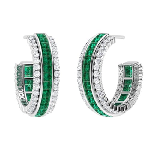 P M-ENTERPRISES 4.00carats Princess-cut Emerald and Diamond Hoops Earring in 14k White Gold Plated 925 Sterling Silver
