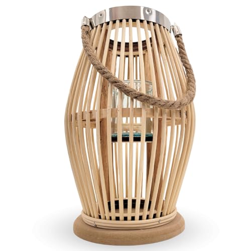 ZOLTA Großer Bambus Lampion XXL Natur Boho Laterne aus Holz und Glas...