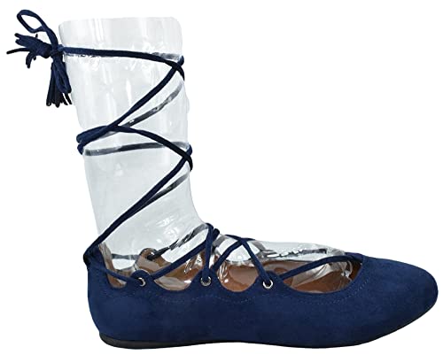 Soda Women's Shoes Ballet Flat Round Toe Lace Up Ankle Tie Gladiator Style Tie Leg Design Noble-S Navy Blue Nubuck Suede 72