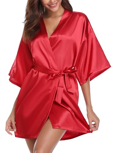 Vlazom Womens Kimono Robes Dressing Gown Satin Bathrobe Nightdress Short Style Bridal Robe