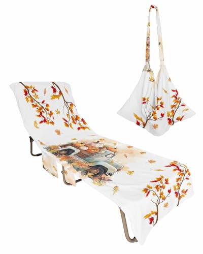 Thanksgiving Beach Chair Towel Covers for Chaise Lounge With Side Pocket, Soft Plush Pool Towels Cover for Patio Sunbathing Outdoor 29''x85'' Farmhouse Truck Harvest Pumpkin